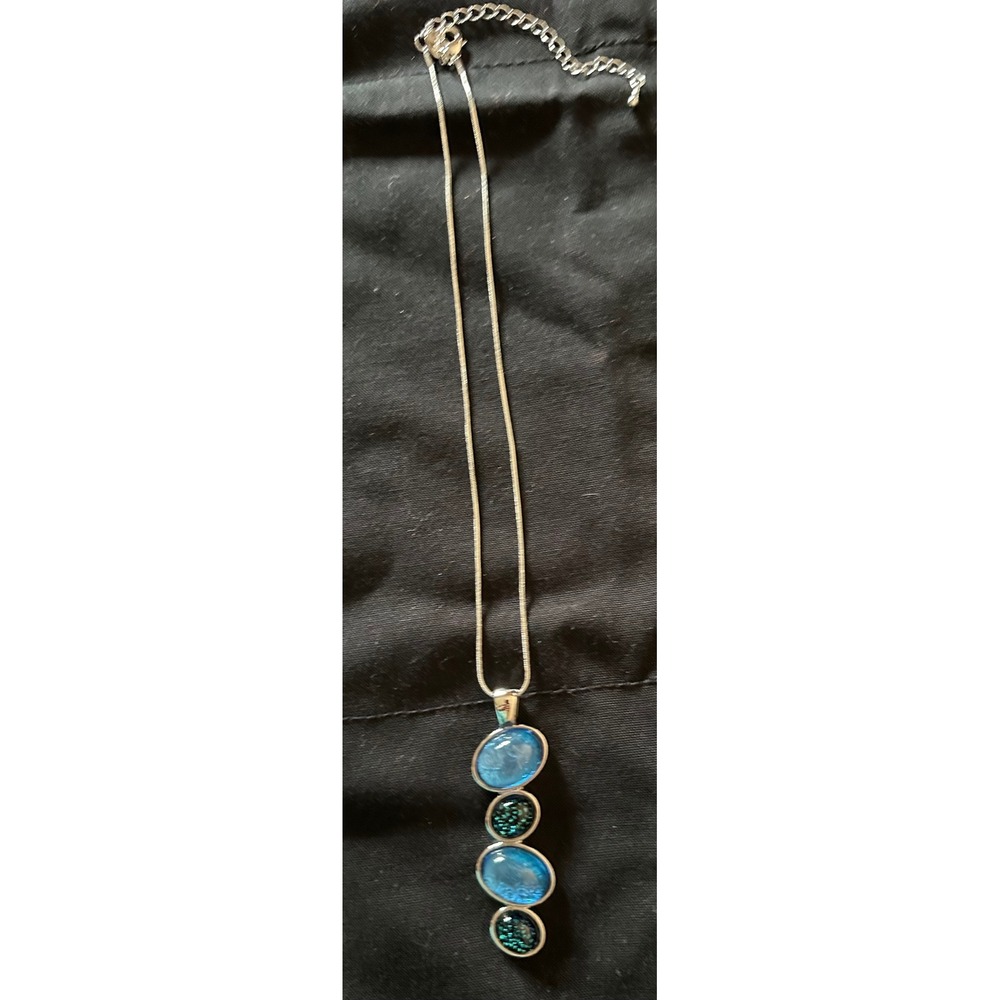 Lia Sophia Silver Tone Blue Teal Resin Oval Pendant Snake Chain Necklace